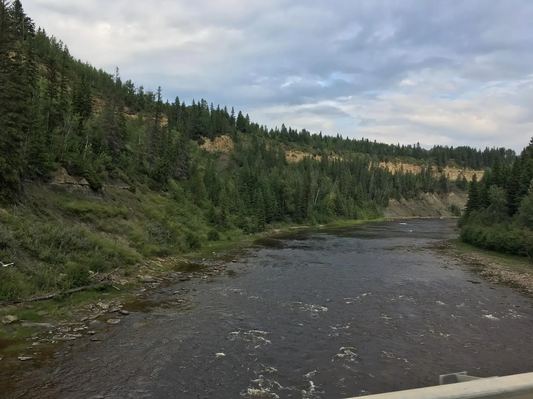 The Pembina River flowing through a spruce-lined valley near Entwistle, Alberta