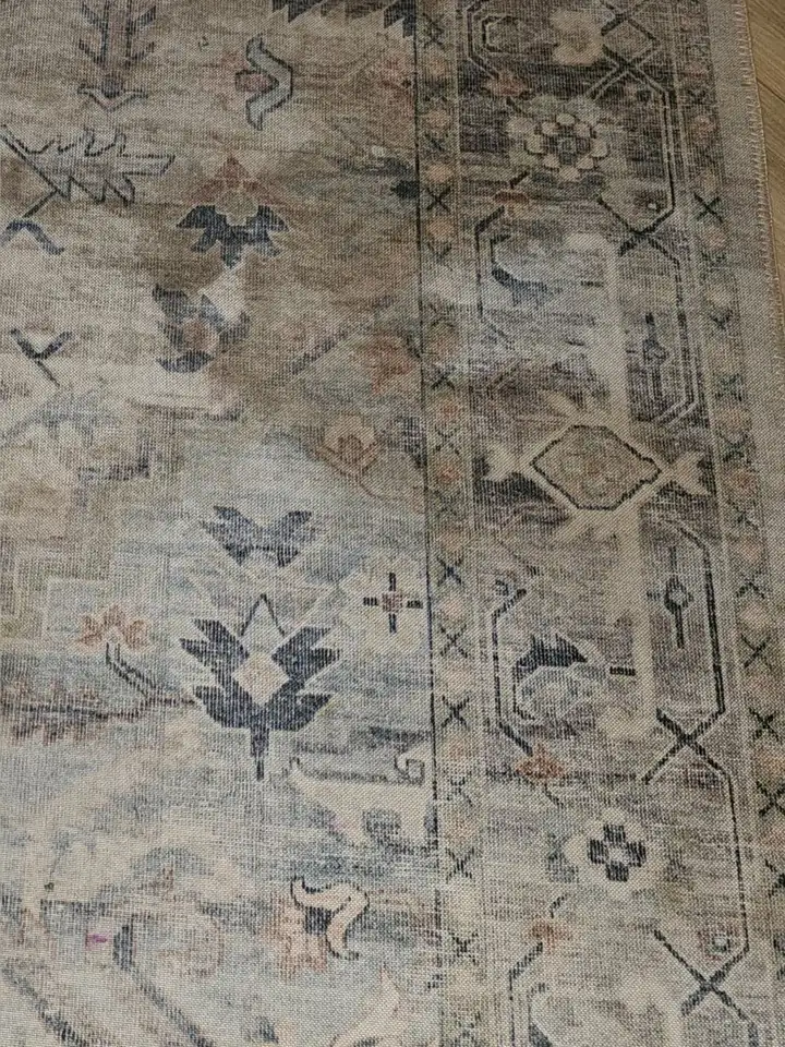 A patterned area rug with brown staining across the pattern before cleaning