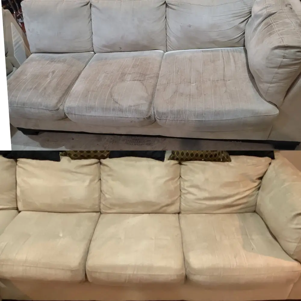 A light microfibre couch before cleaning, covered in water rings, and the same couch after cleaning