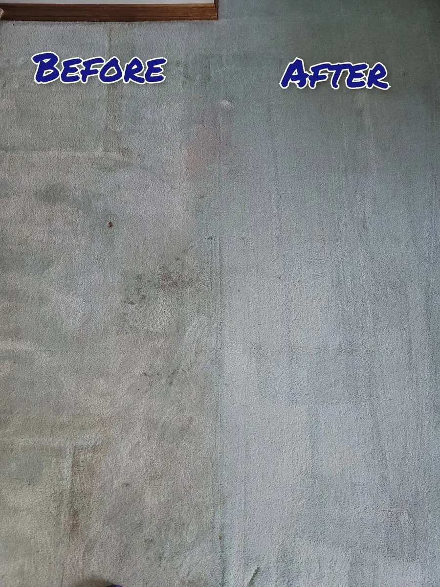 A grey carpet split down the middle, dirty on the left before cleaning and clean on the right after