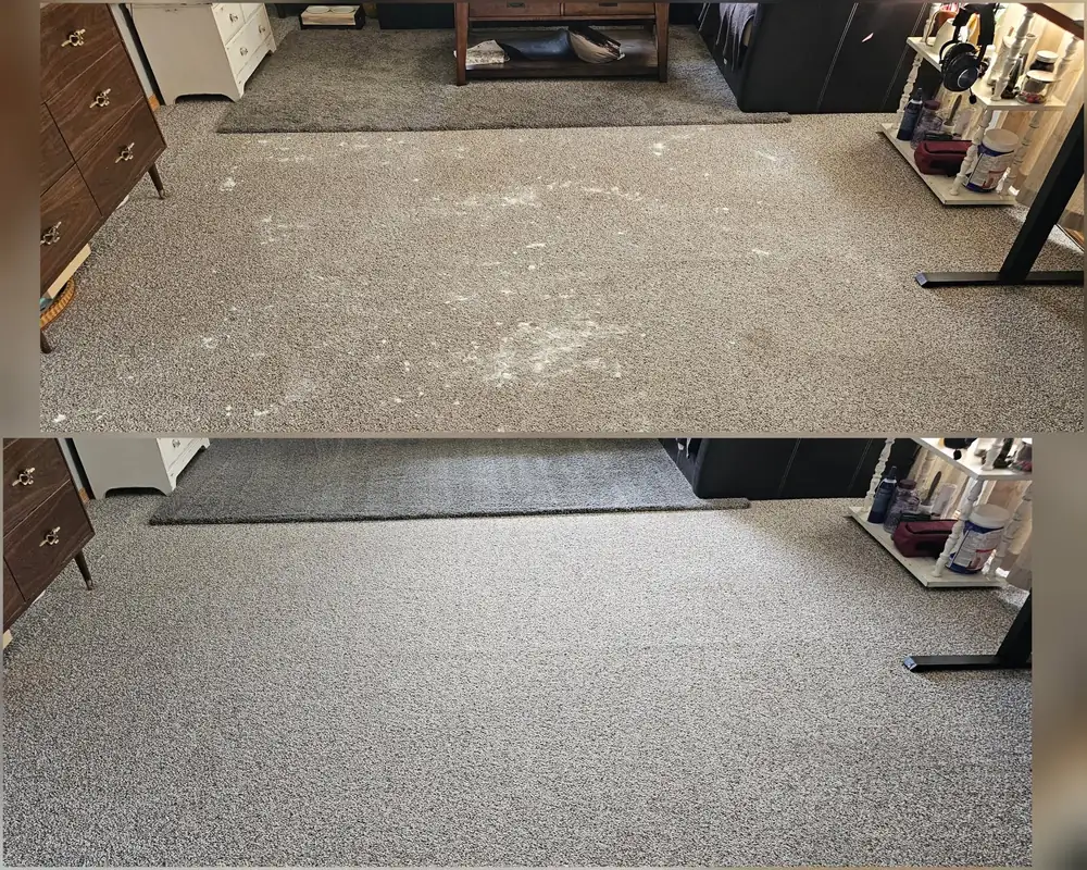 A grey carpet with white spots and grit before cleaning, above the same carpet after cleaning