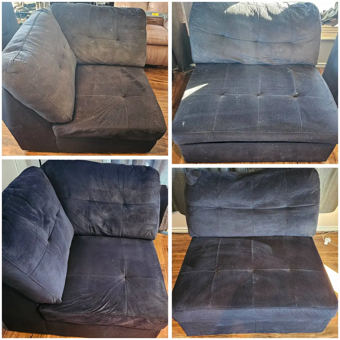 Two navy sectional pieces, faded and dusty before cleaning in the top row and deep navy after cleaning in the bottom row