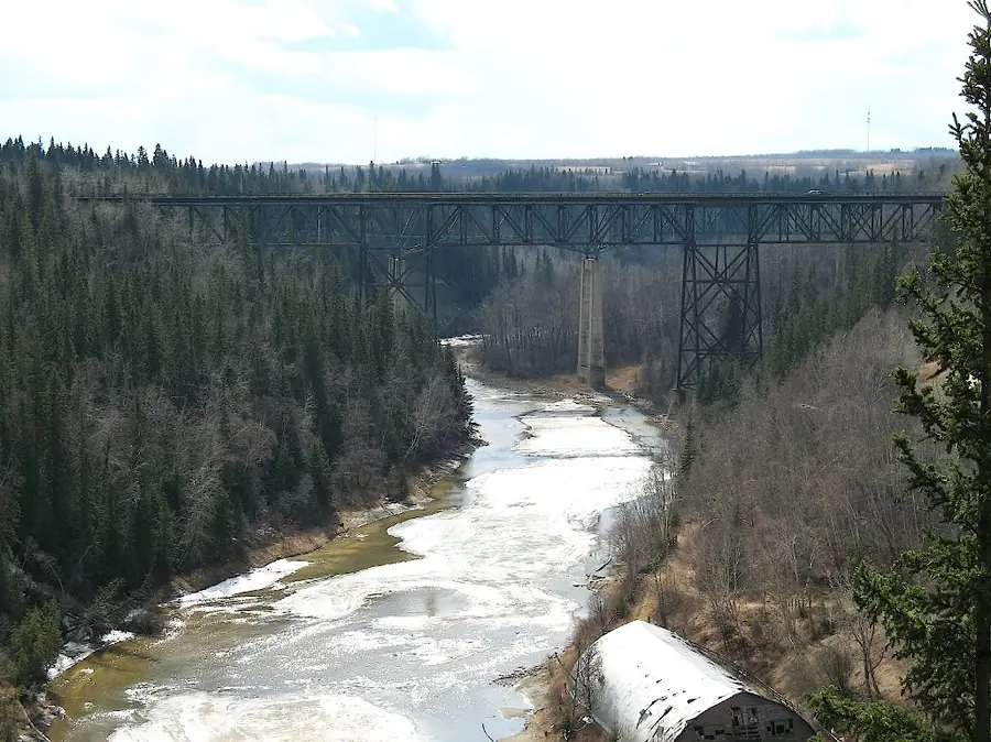 The twin bridges crossing the Pembina River valley at Entwistle