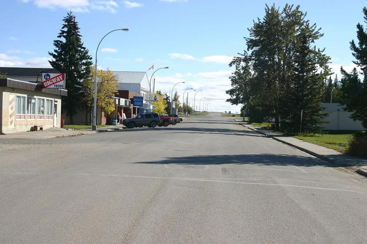 Main Street in Wildwood, Alberta, looking south under a blue sky